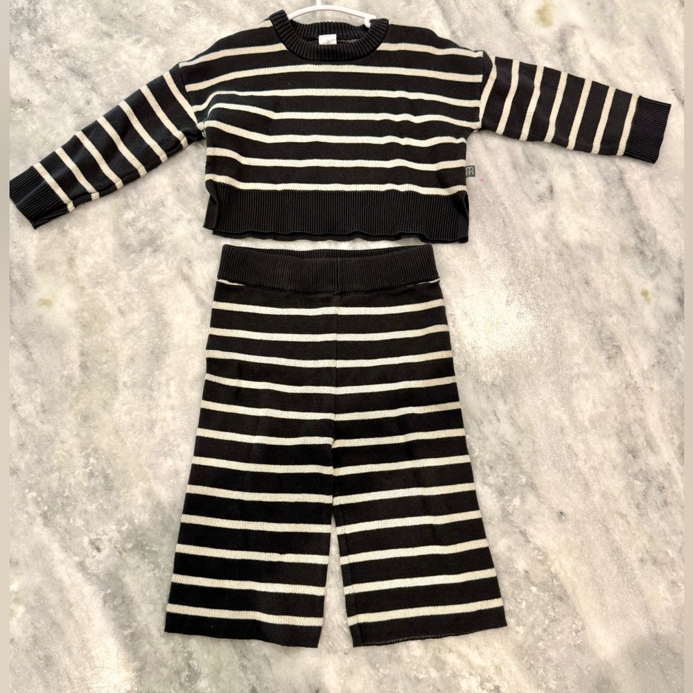 Kids Black & White Striped Matching Set - Cozy Knit Top & Pants